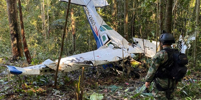 Soldat steht vor abgestürztem Flugzeug im Dschungel
