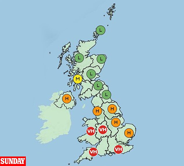 But three areas ¿ Wales, London and the South East and the South West ¿ fall under the Met Office's red category again on Sunday