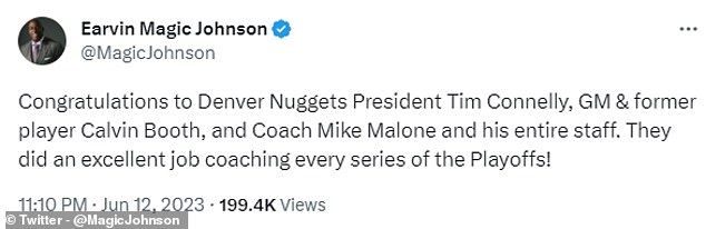 Der fünfmalige NBA-Champion Magic Johnson würdigte den gesamten Trainerstab von Denver