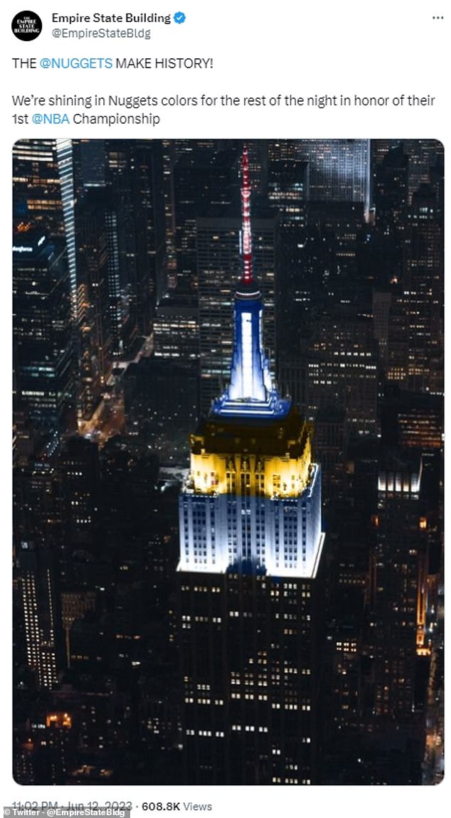 Das Empire State Building erstrahlte am späten Montagabend in den Farben Blau und Gold der Nuggets