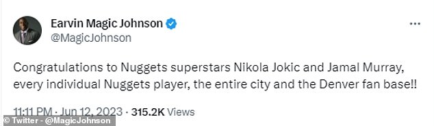 Johnson hob in einem separaten Tweet auch Murray und Jokic sowie die Nuggets-Fangemeinde hervor