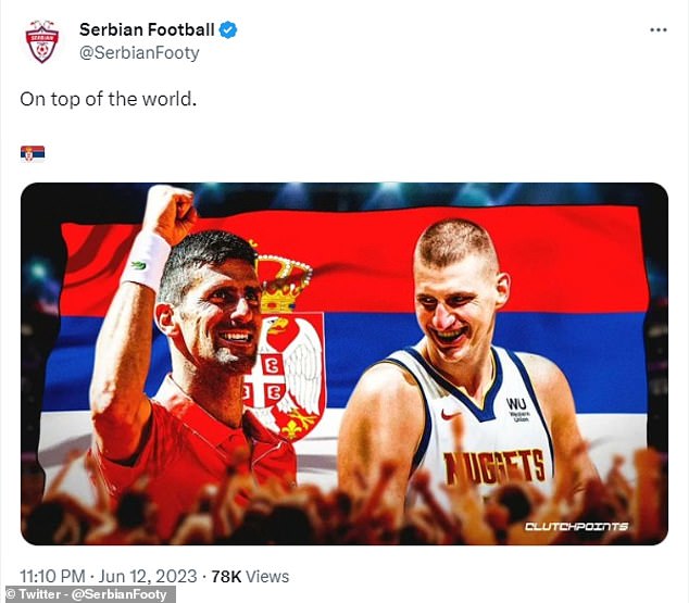 Die serbische Fußballnationalmannschaft hat ein Foto von Jokic und French-Open-Sieger Novak Djokovic getwittert