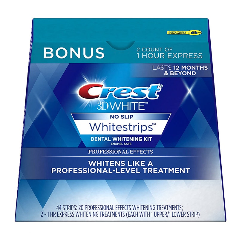 Eine blaue Schachtel mit den Crest 3D White Professional Effects Whitestrips auf weißem Hintergrund