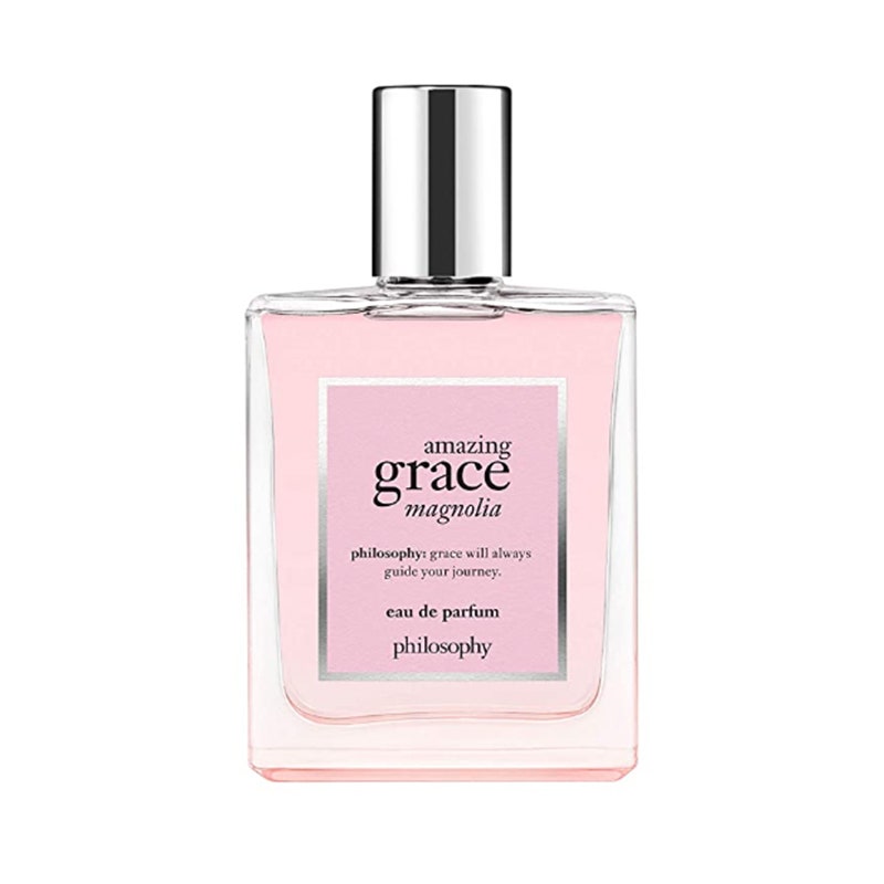 Eine rosa Flasche des Philosophy Amazing Grace Magnolia Eau de Parfum auf weißem Hintergrund