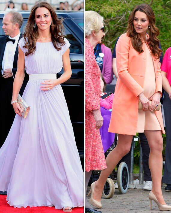 Kate im lavendelfarbenen BAFTA-Kleid und schwanger im pfirsichfarbenen Kleid 2013