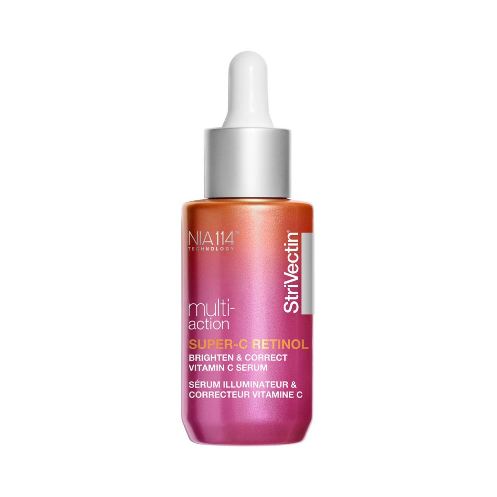 StriVectin Multi-Action Super-C Retinol Brighten & Correct Vitamin C Face Serum Orange bis rosa Serumflasche mit grau-weißem Tropfverschluss auf weißem Hintergrund