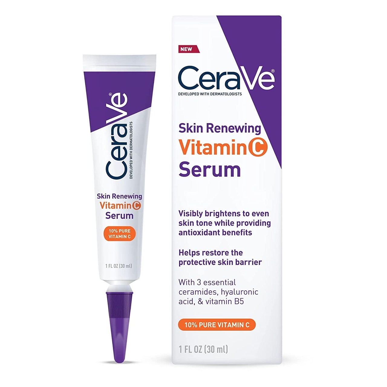 Eine weiß-violette Tube und eine Schachtel CeraVe Skin Renewing Vitamin C Serum auf weißem Hintergrund