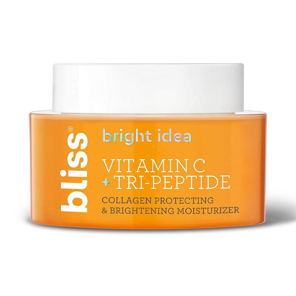 Ein orange-weißer Behälter mit Bliss Bright Idea Vitamin C & Tri-Peptide Brightening Moisturizer auf weißem Hintergrund