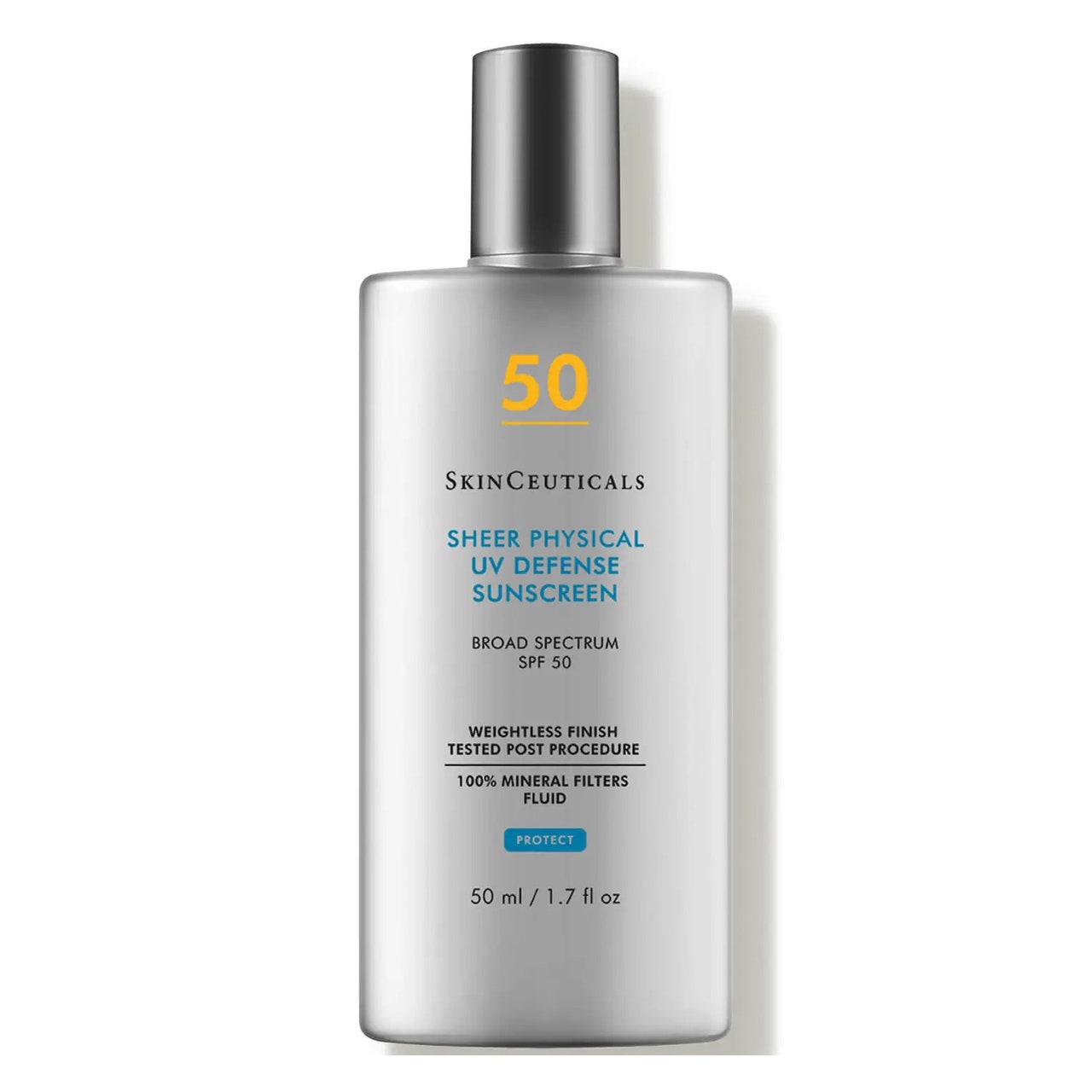 Flache graue rechteckige Flasche von SkinCeuticals Sheer Physical UV Defense SPF 50 auf weißem Hintergrund