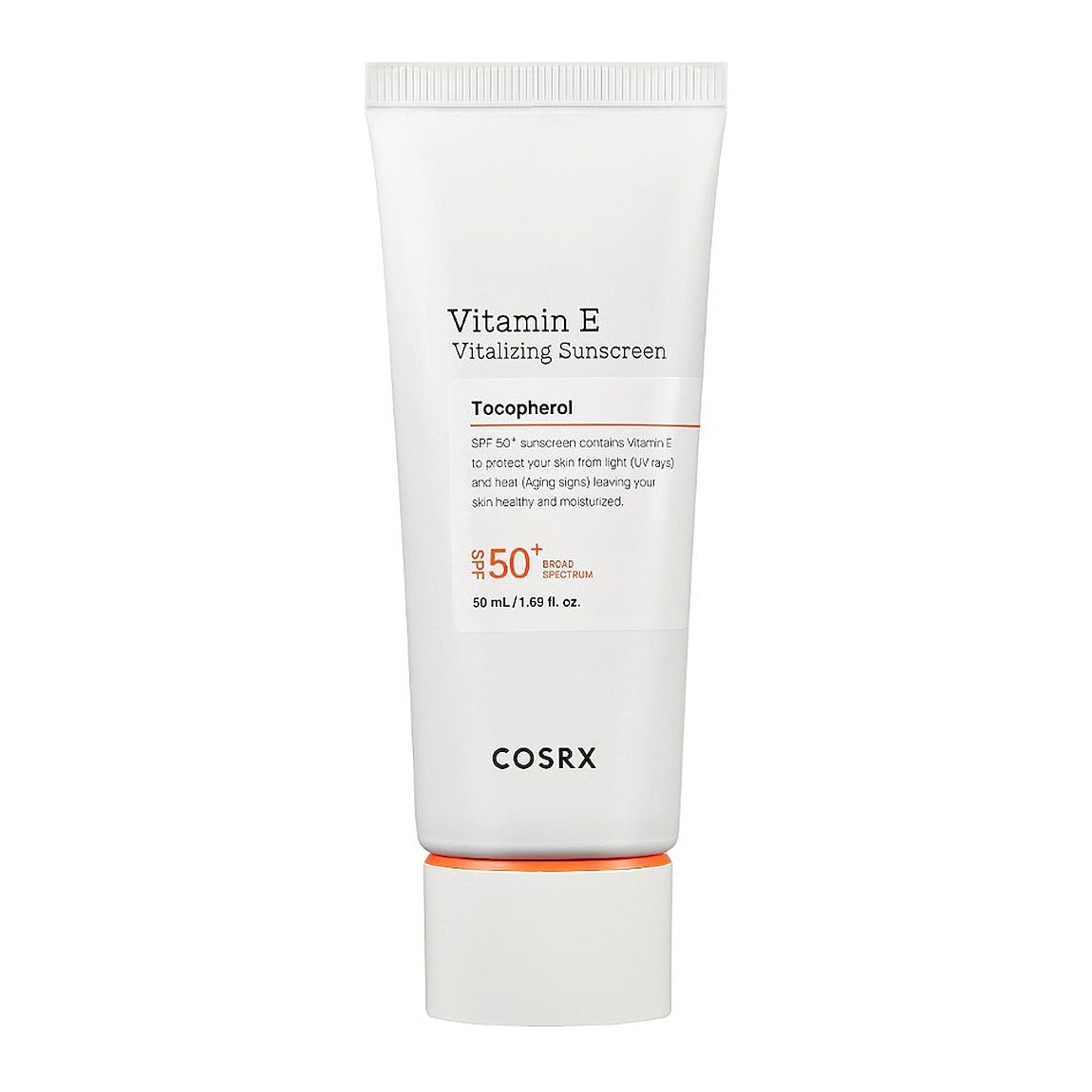 Cosrx Vitamin E Vitalizing Sunscreen SPF 50+ weiße Tube auf weißem Hintergrund
