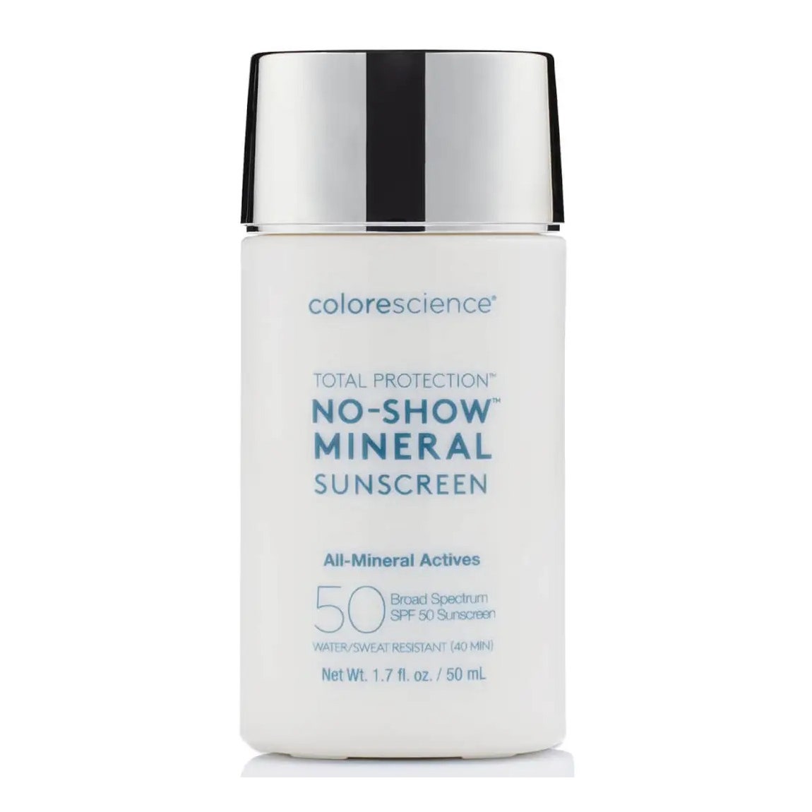 Colorescience Total Protection No-Show Mineral Sunscreen SPF 50 flache weiße Flasche mit flachem silbernen Verschluss auf weißem Hintergrund