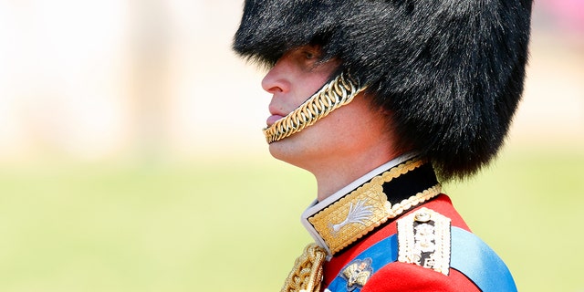 Eine Nahaufnahme von Prinz William in roter Uniform und Bärenfellmütze