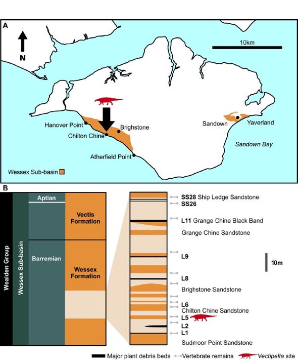 Karte der Fossilienfundstelle und eine stratigraphische Säule