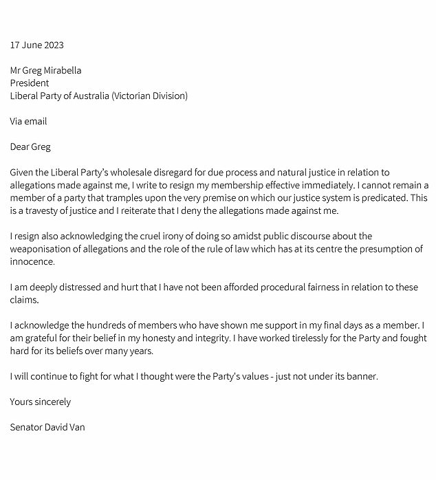In a letter addressed to Greg Mirabella, the president of the Victorian division of the Liberal Party, the outgoing senator reiterated that he denied the allegations