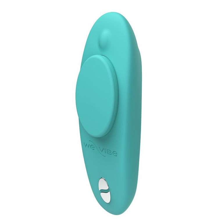 We-Vibe Moxie+ blaugrüner Vibrator mit Knopf auf weißem Hintergrund