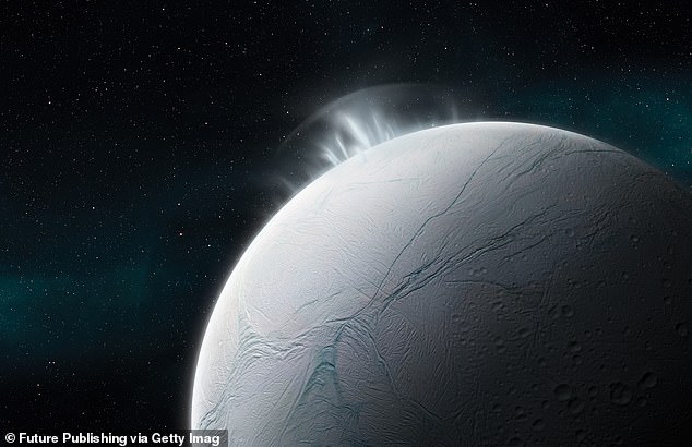 It's already known that Enceladus has long fractures on its icy surface that eject huge plumes made up of ice grains and water vapour out into space (artist's impression)