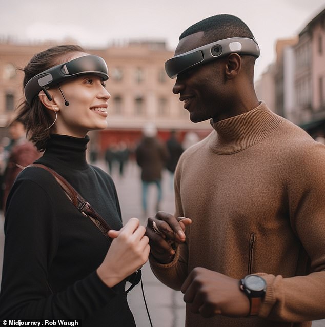 Midjourney created images showing unique headsets with AI that beam thoughts between people