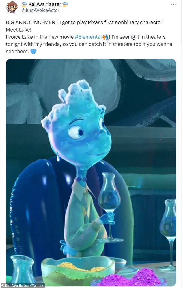 Ankündigung: Synchronsprecher Kai Ava Hauser ging am Freitag, dem Tag der Premiere von Elemental, auf Twitter und enthüllte, dass sie Lake, den ersten nicht-binären Charakter des Studios, sprechen