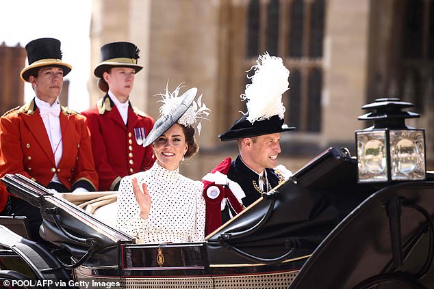 Pictured: The Prince and Princess of Wales leave in a horse-drawn carriage from St George's Chapel after attending the Most Noble Order of the Garter Ceremony