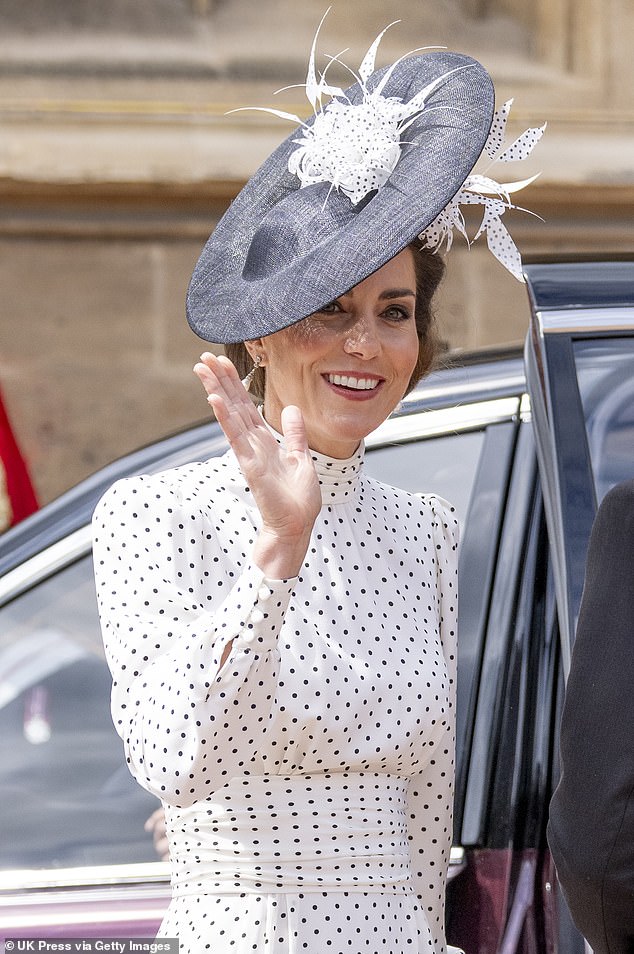 Pictured: the Princess of Wales wave to crowds as she arrived at St George's Chapel in Windsor