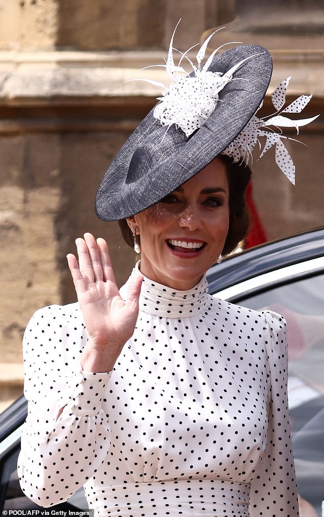 The Princess of Wales looked sensational in a white-and-black polka dot print dress for Garter Day this afternoon