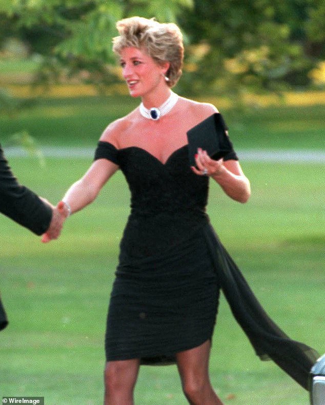 Pictured: Princess Diana wearing her pearl drop earrings with a black ruched gown which was later dubbed her 'Revenge Dress' in 1994