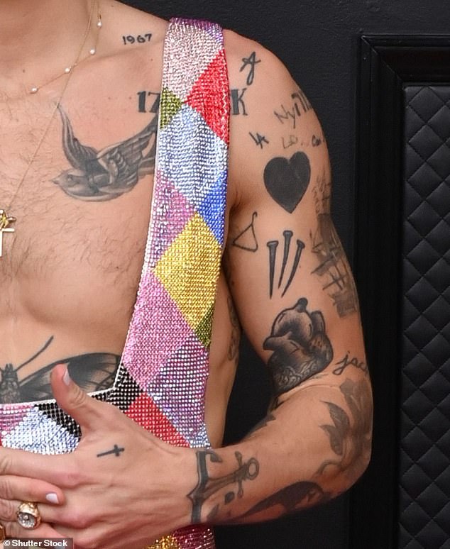 Inked: Bereits im Dezember 2020 gab Harry bekannt, dass er 60 Tattoos hat, wobei das auffälligste ein großer Schmetterling auf seinem Oberkörper ist, aber er hat auch eine Armmanschette