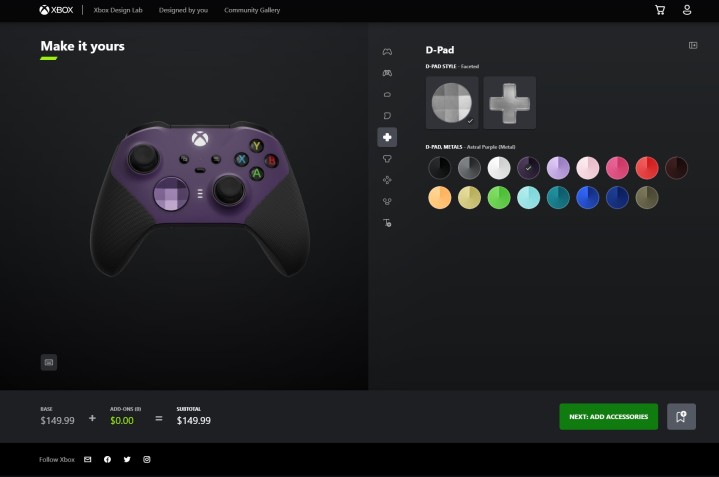 Xbox Design Lab-Optionen für den Elite Series 2-Controller.
