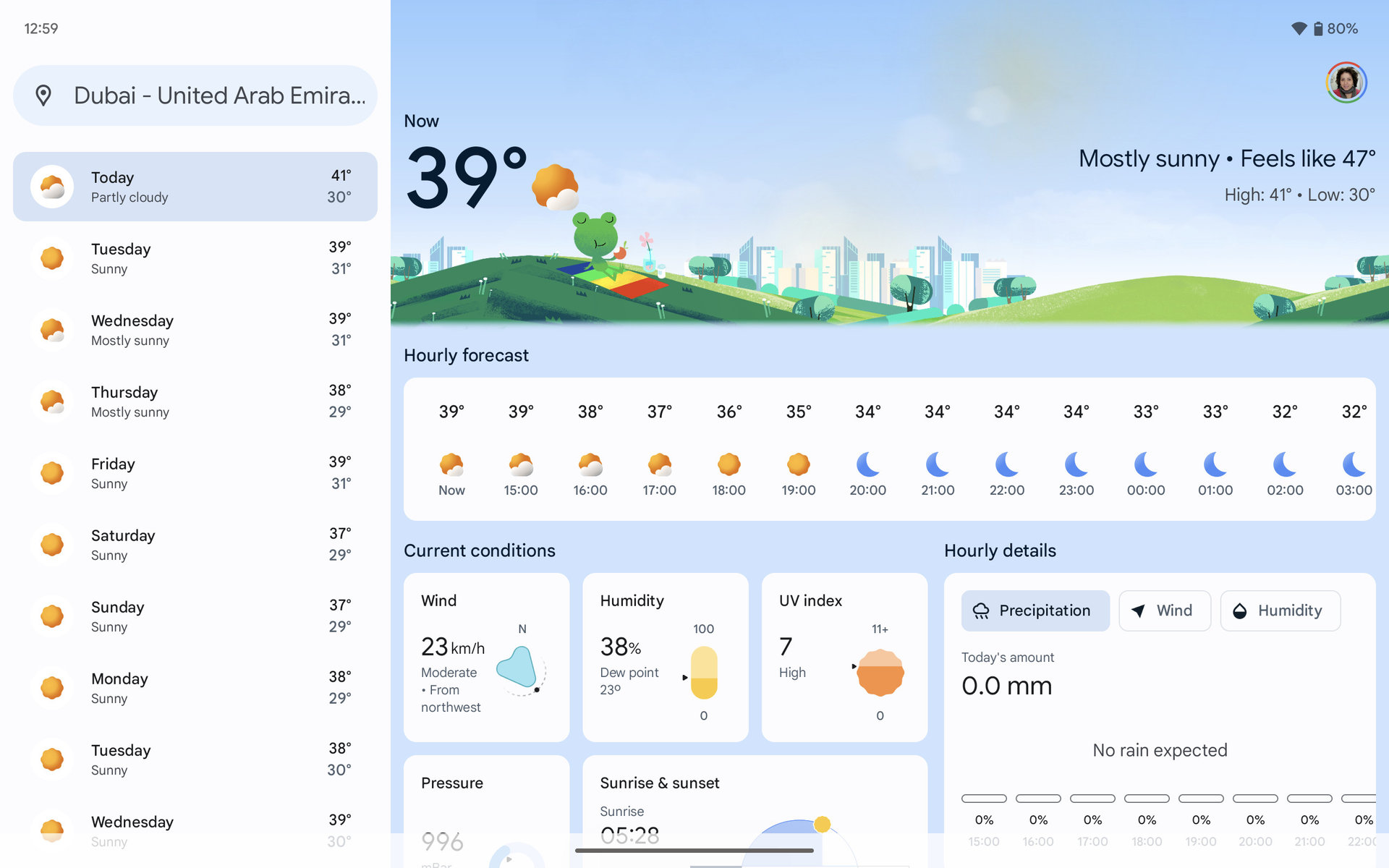 Screenshot der Google-Wetter-App heute sonnig