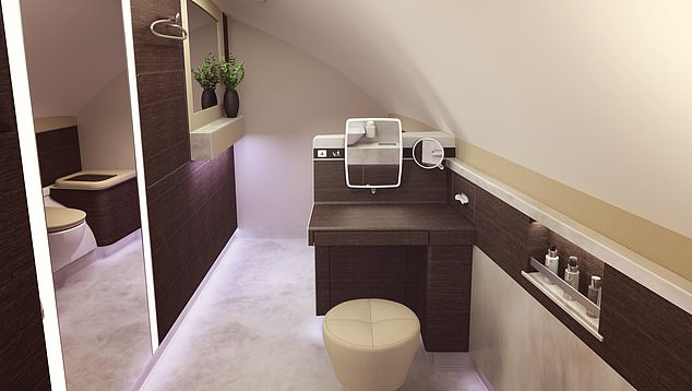 Spacious bathrooms in Singapore Airlines' first-class A380 cabin feature sit-down vanities