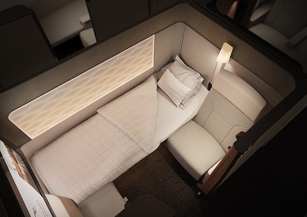 Die Sitze in der ersten Klasse verfügen über ein extrabreites Festbett, einen separaten Liegestuhl, einen persönlichen Kleiderschrank, einen Esstisch für zwei Personen und einen 32-Zoll-Ultra-HD-Fernseher