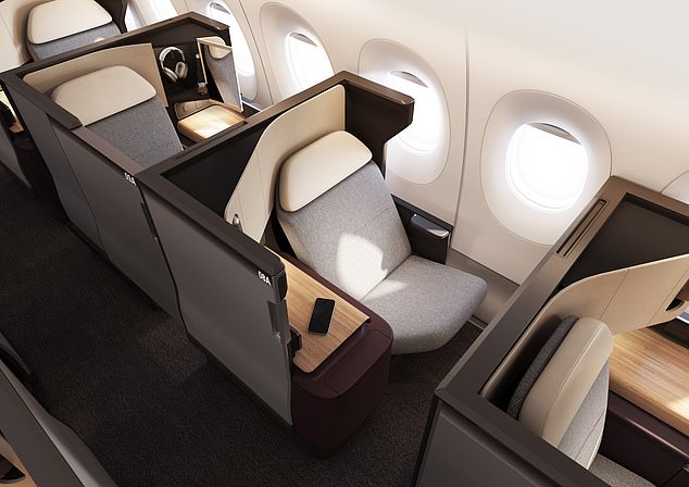 Passagiere der Business Class verfügen über Sitze (oben) mit Privatsphärentüren, zwei Meter langen Liegebetten und „großzügigem“ Stauraum