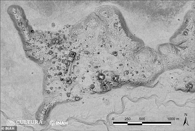 Ein LiDAR-Bild zeigt von oben die Umrisse der neu entdeckten Stadt, die von Archäologen Ocomtún genannt wird, was „Steinsäule“ bedeutet.