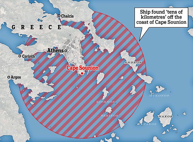 Der genaue Standort des Wracks wurde nicht bekannt gegeben, es wird jedoch angenommen, dass es sich in einer Tiefe von etwa 203 Metern (666 Fuß) „Zehntausende“ Kilometer vor Kap Sounion befindet