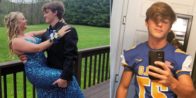 Blake hält Natalie in einem blauen Paillettenkleid neben einem Selfie von ihm in seinem High-School-Football-Trikot.
