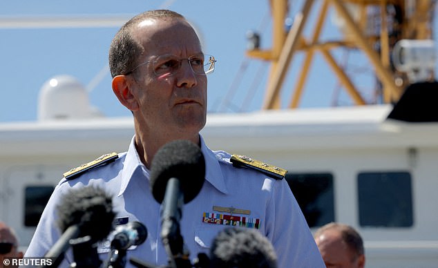 US Coast Guard Rear Admiral John Mauger announcing the men's deaths on Thursday at a press conference in Boston. 'The debris is consistent with the catastrophic loss of the pressure chamber. Upon this determination we immediately notified the families. 'On behalf of the Coast Guard and the entire unified command, I offer my deepest condolences to the families.'