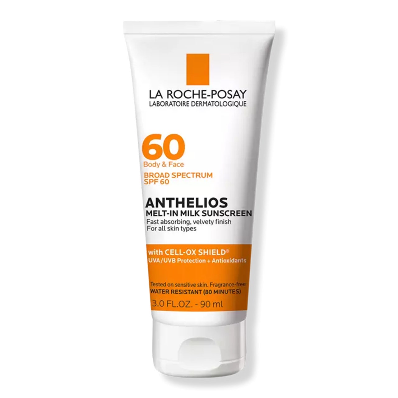 La Roche-Posay Anthelios Melt-In Milk Body and Face Sunscreen SPF 60, weiße Tube mit orangefarbenem Streifen auf weißem Hintergrund