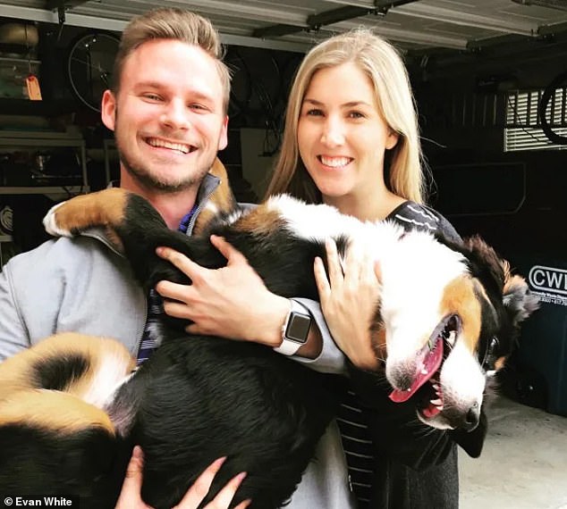 HAPPY COUPLE: Evan White is pictured above with his dog Lola and fiance Katie Briggs. The pair had started dating when Evan had cancer and got engaged when his condition stabilized
