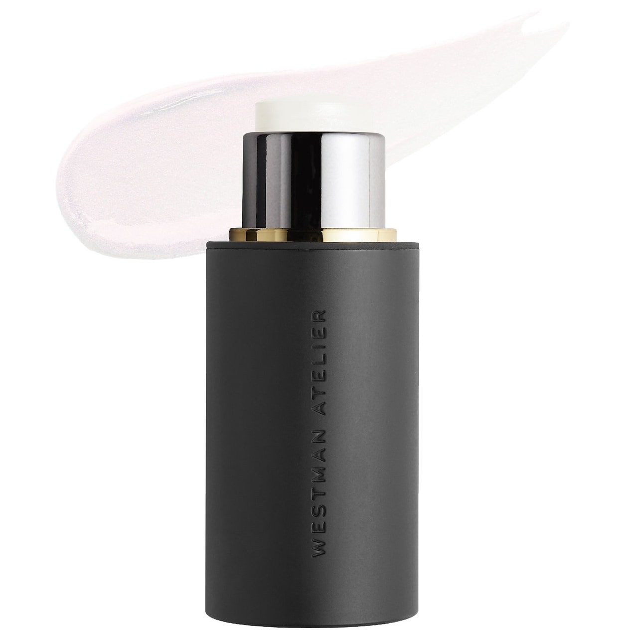 Westman Atelier Lit Up Highlight Stick, schwarzer Drehstift mit schillerndem Textmarker auf weißem Hintergrund