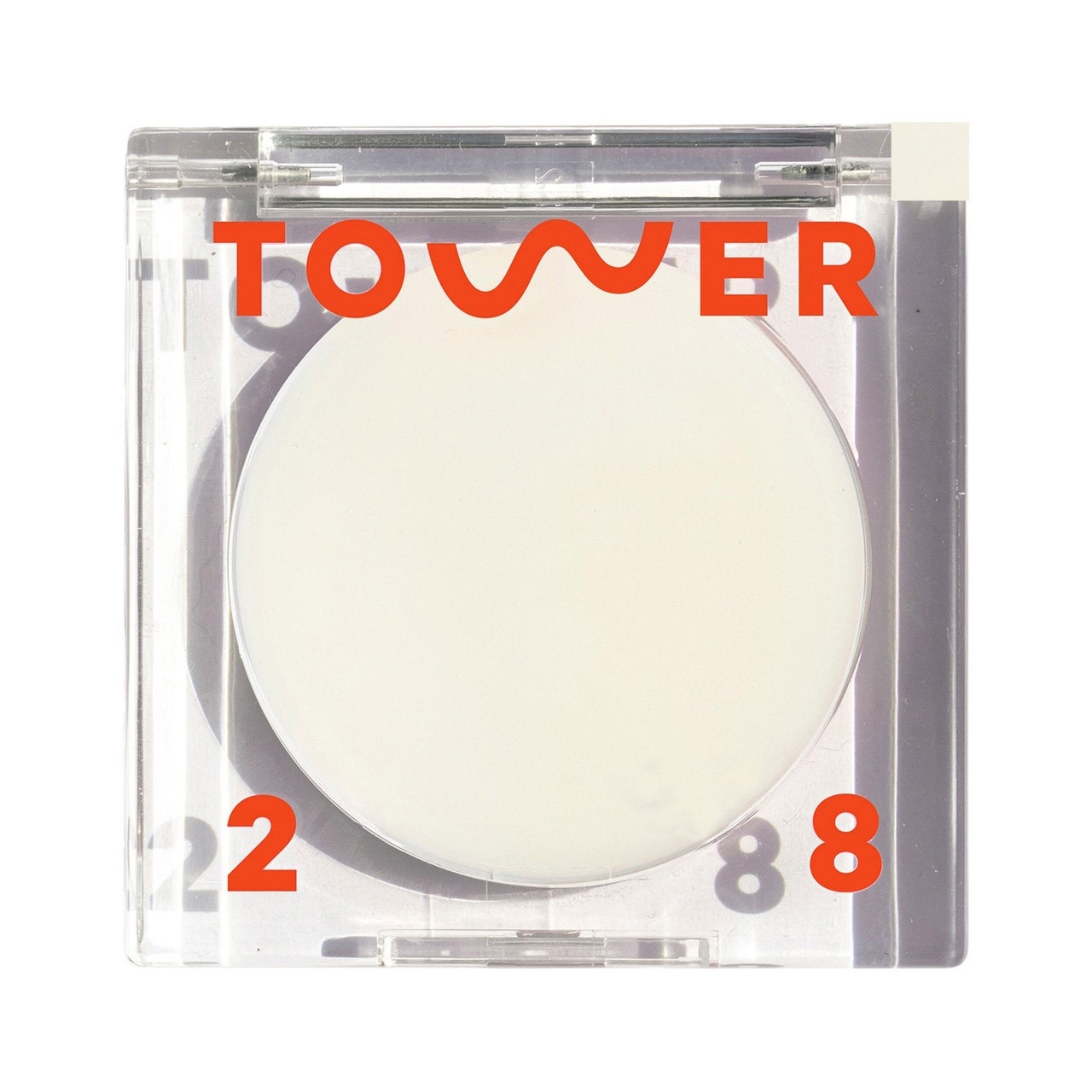 Tower 28 SuperDew Highlighter Balm, klare, quadratische Kompaktpackung aus durchscheinendem Highlighter-Balsam auf weißem Hintergrund