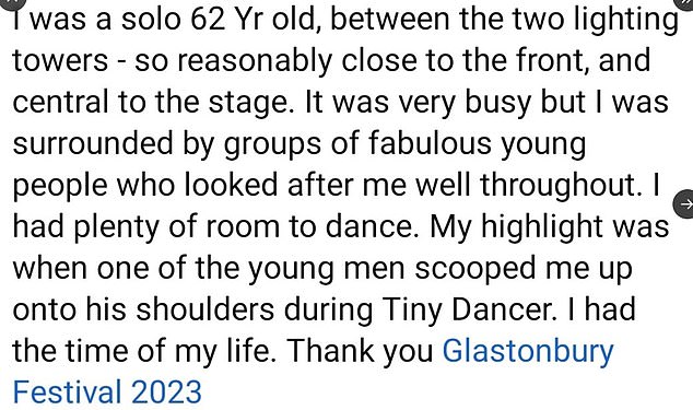 Die Kommentare der 62-jährigen Frau wurden von dem Account @GlastoGals gepostet, der sich selbst als „rein weibliche, generationenübergreifende Gruppe mit einer Leidenschaft für das GlastoFest“ bezeichnet.