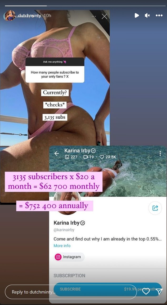 Während einer Frage-und-Antwort-Runde auf Instagram gab Karina bekannt, dass sie 3.135 Abonnenten auf OnlyFans hat und zu den oberen 0,55 Prozent der YouTuber gehört