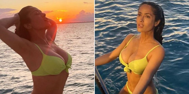 Salma Hayek posiert in einem gelben Bikini auf einem Boot