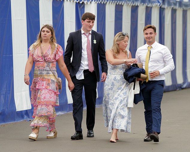 These racegoers looked composed as they left, but one looked worse for wear with their shirt half-tucked into their trousers