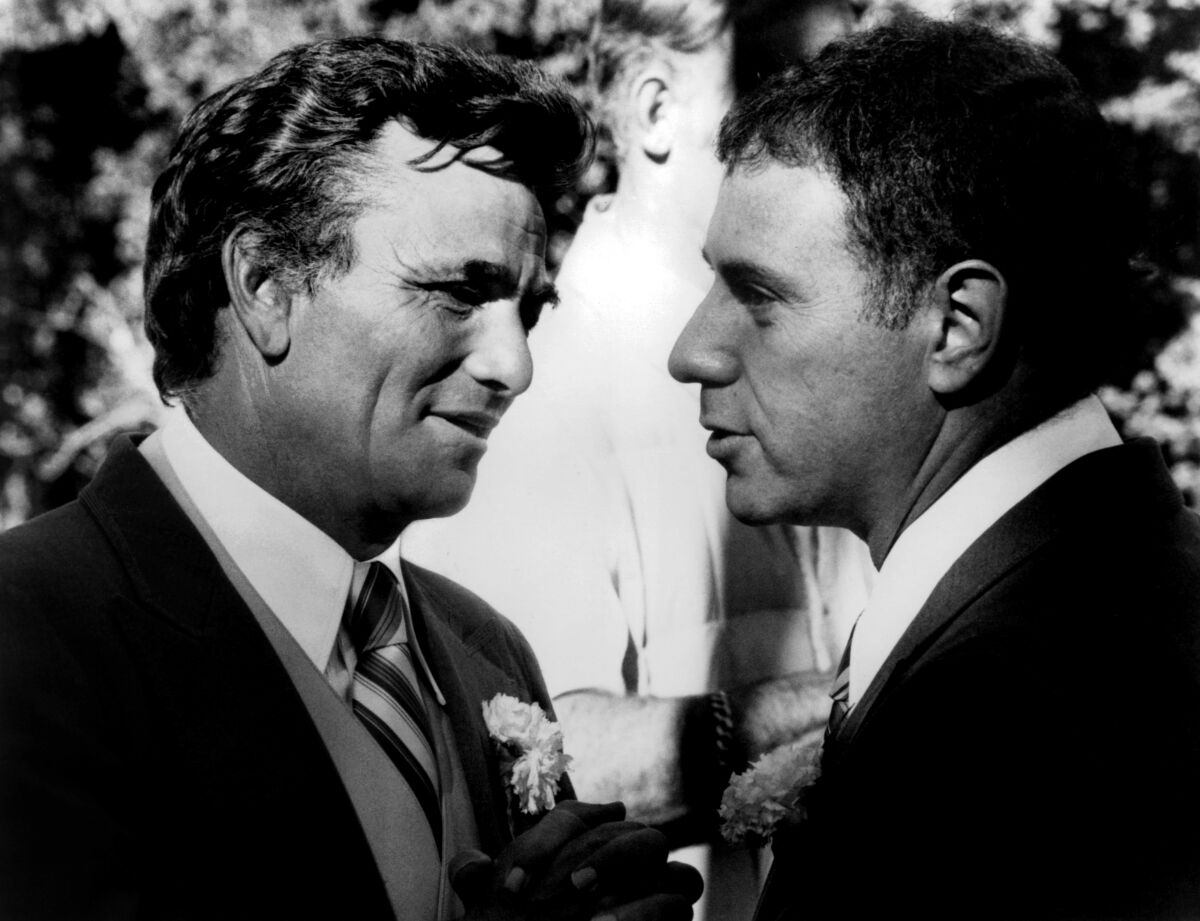 Zwei Männer in Anzügen unterhalten sich auf einer Hochzeit.