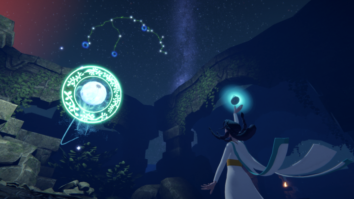 In Nightscape hebt eine Figur ihre Hand gen Himmel.
