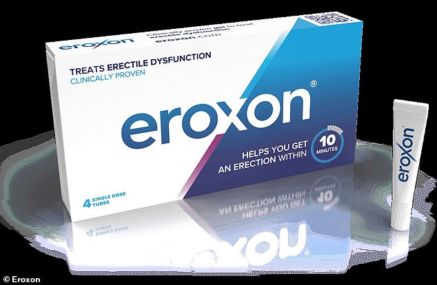 Das oben abgebildete Eroxon wird 15 Sekunden vor dem Sex auf die Eichel aufgetragen und kann innerhalb von 10 Minuten eine Erektion auslösen.  Es ist bereits in Großbritannien und den USA erhältlich, wo es in Kartons mit jeweils vier Tuben verkauft wird