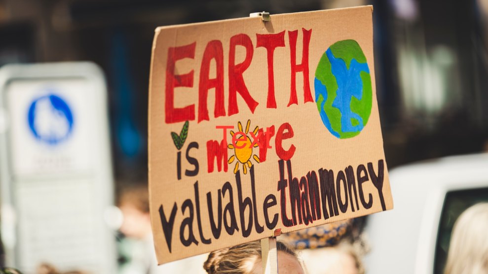 Ein Protestschild mit der Aufschrift "Die Erde ist wertvoller als Geld."