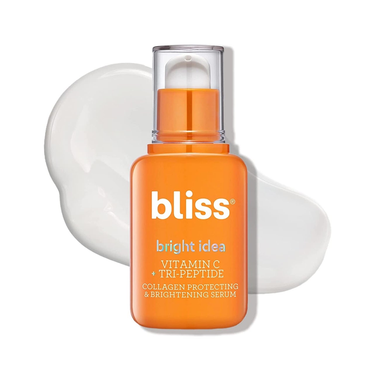Eine orangefarbene Flasche Bliss Bright Idea Vitamin C + Tri-Peptide Brightening Serum auf weißem Hintergrund