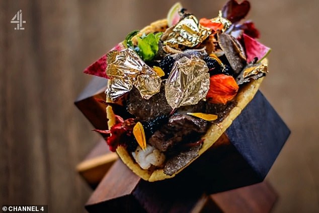 Five Star Kitchen, das gestern Abend auf Channel 4 ausgestrahlt wurde, folgt den Teilnehmern, die versuchen, eine Jury, darunter Ravneet Gill, Michel Roux und Mike Reid, mit unverschämt teuren Gerichten zu beeindrucken, die Zuschauer aber hungrig nach mehr zu machen – wie einige es als „prätentiös“ bezeichneten ,‘ und ‚tin-eared‘.  Im Bild ein 21.000-Pfund-Taco aus Mexiko